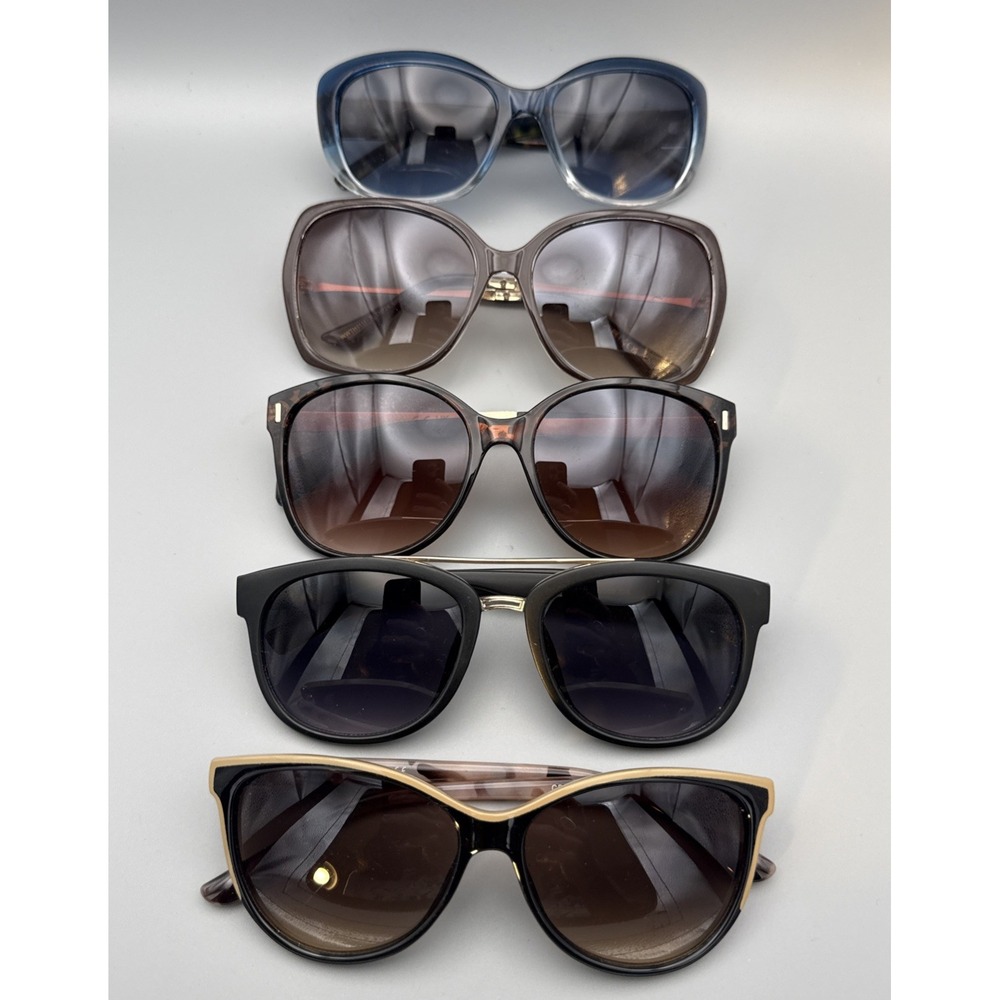5  PAIRS TAHARI AUTHENTIC, SUNGLASSES, OVERSIZED & CAT EYE -BLACK, BROWN & BLUE